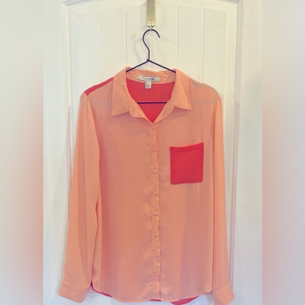 Forever 21 Color Block Chiffon Button Up Shirt - Large ( Fits Like Medium)